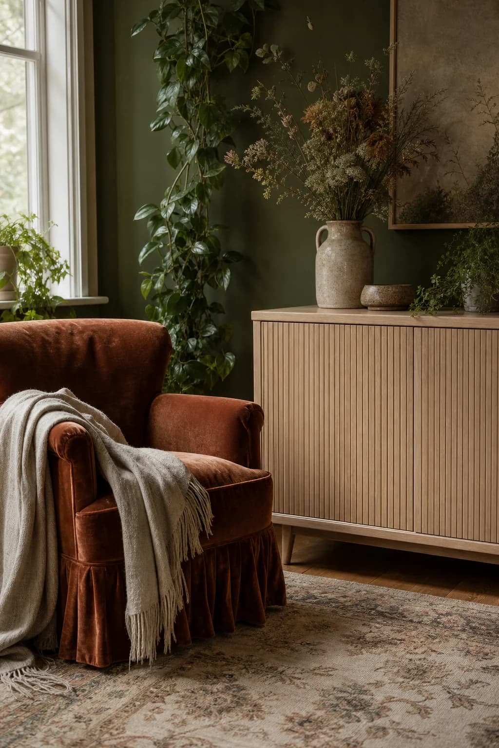 A rust velvet armchair and ash cabinet in a green sitting room